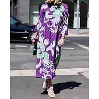 european and american new products cross-border women's autumn loose large size printing round neck three-quarter sleeve mid-length t-shirt skirt dress miniinthebox - thumbnail