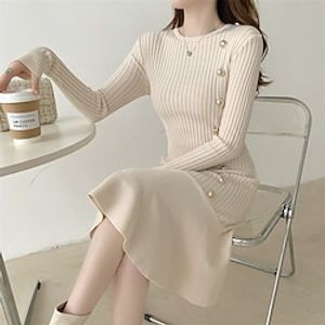 Women's Sweater Dress Winter Dress Midi Dress Black Beige Long Sleeve Pure Color Ruffle Button Knit Winter Fall Crew Neck Stylish Elegant 2022 One-Size Sheath Dress Lightinthebox