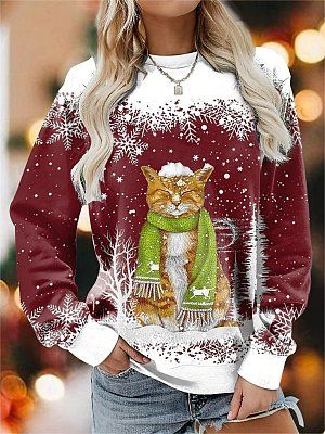 Women's Christmas Cat Print Casual Long Sleeve Round Neck Sweatshirt Christmas Holiday Party Sweatshirt