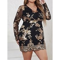 Women's Black Dress Plus Size Curve Sequin Dress Party Dress Cocktail Dress Floral Mini Dress Long Sleeve Ruched Embroidered V Neck Elegant Party Black White Fall Winter Lightinthebox - thumbnail