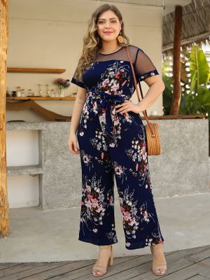 Plus Size Navy Crew Neck Floral Print Belt Design Jumpsuit Plus Size Navy Crew Neck Floral Print Belt Design Jumpsuit