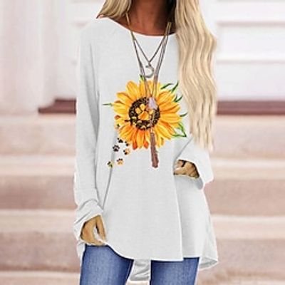 Women's T shirt Tee Black White Red Sunflower Print Long Sleeve Holiday Weekend Basic Round Neck Long Floral Painting S Lightinthebox