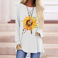 Women's T shirt Tee Black White Red Sunflower Print Long Sleeve Holiday Weekend Basic Round Neck Long Floral Painting S Lightinthebox - thumbnail