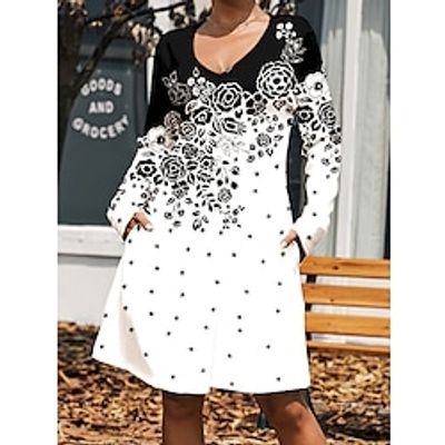 Women's T Shirt Dress Tee Dress Print Dress Floral Polka Dot Print Pocket V Neck Mini Dress Active Fashion Outdoor Daily Long Sleeve Loose Fit White Pink Blue Fall Winter S M L XL XXL Lightinthebox