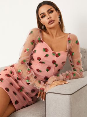 YOINS Pink Square neck Strawberry Mesh Mini Dress YOINS Pink Square neck Strawberry Mesh Mini Dress