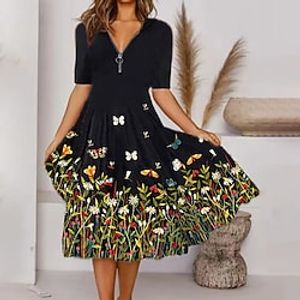 Women's Casual Dress Midi Dress Black Half Sleeve Floral Print Summer Spring V Neck Casual 2023 S M L XL XXL miniinthebox