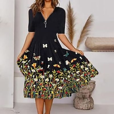 Women's Casual Dress Midi Dress Black Half Sleeve Floral Print Summer Spring V Neck Casual 2023 S M L XL XXL miniinthebox