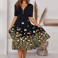 Women's Casual Dress Midi Dress Black Half Sleeve Floral Print Summer Spring V Neck Casual 2023 S M L XL XXL miniinthebox - thumbnail