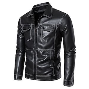 Men's Leather Jacket Motorcycle Jacket Outdoor Daily Wear Warm Zipper Pocket Fall Winter Plain Fashion Streetwear Lapel Regular Black Jacket Lightinthebox