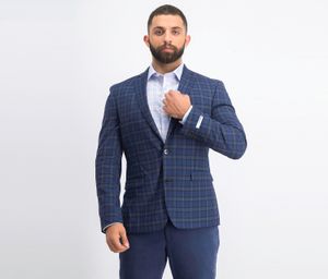Mens Slim-Fit Stretch Dark Blue Plaid Suit Jacket  Dark Blue