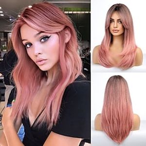 Long Straight Pink Full Wig Hair for Women Lady Girl Middle Part with Side Bangs Dark Black Roots 26 inches Heat Resistant Synthetic Natural Looking Wig Wedding Cosplay Party Lightinthebox