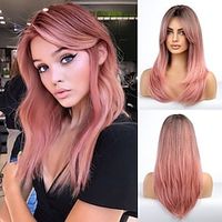 Long Straight Pink Full Wig Hair for Women Lady Girl Middle Part with Side Bangs Dark Black Roots 26 inches Heat Resistant Synthetic Natural Looking Wig Wedding Cosplay Party Lightinthebox - thumbnail
