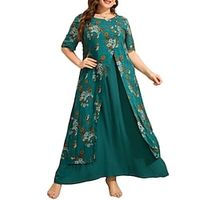 Women's Plus Size Holiday Dress Floral Crew Neck Print Half Sleeve Spring Summer Casual Vintage Maxi long Dress Daily Vacation Dress Lightinthebox - thumbnail