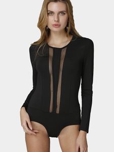 Sexy Black Round Neck Hollow Long Sleeves Bodysuit