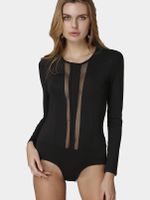 Sexy Black Round Neck Hollow Long Sleeves Bodysuit - thumbnail