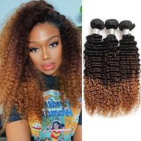 10A Brazilian Kinky Curly Human Hair Bundles Ombre Hair Extension Brown Colored Curly Hair Bundles Remy Human Hair Weave 3/Bundle Lightinthebox