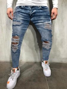 Men Blue Ripped Knee Hole Streetwear Style Jeans