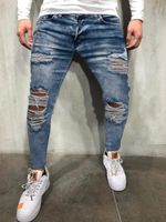 Men Blue Ripped Knee Hole Streetwear Style Jeans - thumbnail
