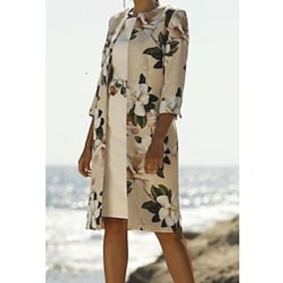 Women's Dress Set Two Piece Dress Sheath Dress Midi Dress Beige 34 Length Sleeve Floral Layered Winter Fall Autumn Crew Neck Modern 2022 S M L XL XXL 3XL Lightinthebox