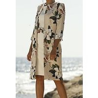 Women's Dress Set Two Piece Dress Sheath Dress Midi Dress Beige 34 Length Sleeve Floral Layered Winter Fall Autumn Crew Neck Modern 2022 S M L XL XXL 3XL Lightinthebox - thumbnail