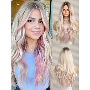 Fashionable blonde highlight Pink long Wavy Synthetic Wigs: Natural-looking and Heat Resistant for Halloween Christmas Party Cosplay Daily Use Lightinthebox