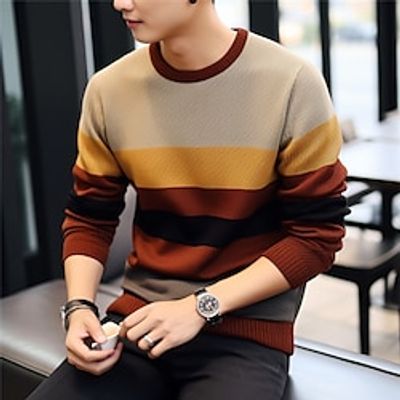 Stripe Casual Men's Print Knitting Pullover Sweater Jumper Knitwear Outdoor Daily Vacation Long Sleeve Crewneck Sweaters Wine Fall Winter S M L Sweaters Lightinthebox