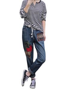 Elastic Waist Embroidery Jeans
