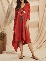 Women Dragonfly Printed V-neck Asymmetrical Hem Dress