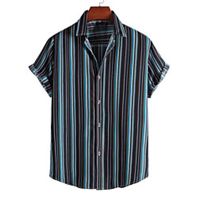 Men's Shirt 3D Print Striped Print Short Sleeve Vacation Tops Beach Navy Blue Lightinthebox