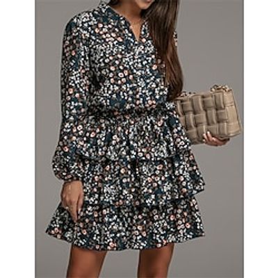 Women's Casual Dress Tiered Dress Print Dress Floral Ruched Print V Neck Midi Dress Active Fashion Outdoor Street Long Sleeve Regular Fit Black Brown Fall Winter S M L XL XXL Lightinthebox