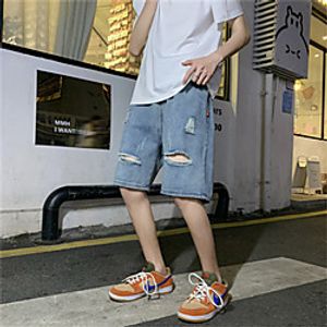 Men's Shorts Jeans Bermuda shorts Pants Solid Colored Cut Out Blue miniinthebox