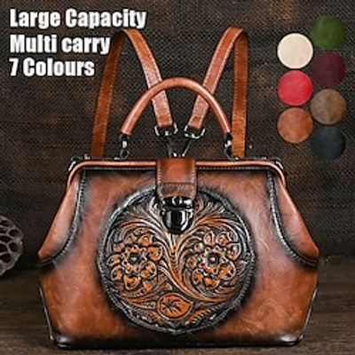 Women's Handbag Crossbody Bag Shoulder Bag Satchel Boston Bag PU Leather Party Outdoor Daily Buckle Flower Embossed Large Capacity Waterproof Durable Color Block Folk dark brown claret ArmyGreen Lightinthebox
