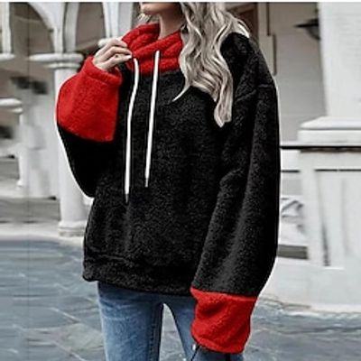 Women's Hoodie Sweatshirt Pullover Sherpa Fleece Teddy Pink khaki Brown Color Block Loose Fit Street Hoodie Long Sleeve Fleece S M L XL 2XL Lightinthebox