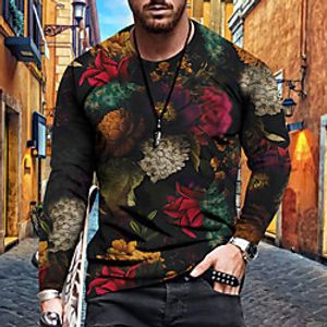 Men's Tee T shirt Shirt 3D Print Floral Graphic Plus Size Print Long Sleeve Casual Tops Basic Designer Slim Fit Big and Tall Blue Blushing Pink Gray miniinthebox
