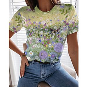 Women's Floral Theme T shirt Floral Butterfly 3D Print Round Neck Tops Basic Basic Top Green Lightinthebox