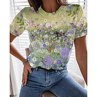 Women's Floral Theme T shirt Floral Butterfly 3D Print Round Neck Tops Basic Basic Top Green Lightinthebox - thumbnail