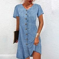 Women's Casual Dress Denim Shirt Dress Mini Dress Denim Fashion Basic Outdoor Daily Vacation V Neck Button Short Sleeve Summer Spring 2023 Regular Fit Black Blue Plain S M L XL 2XL Lightinthebox - thumbnail