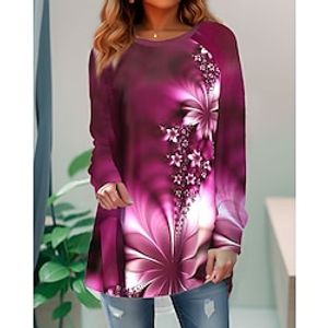 Women's T shirt Tee Red Blue Dusty Blue Floral Print Long Sleeve Holiday Weekend Fashion Round Neck Regular Fit Floral Painting Spring   Fall miniinthebox