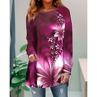 Women's T shirt Tee Red Blue Dusty Blue Floral Print Long Sleeve Holiday Weekend Fashion Round Neck Regular Fit Floral Painting Spring   Fall miniinthebox - thumbnail