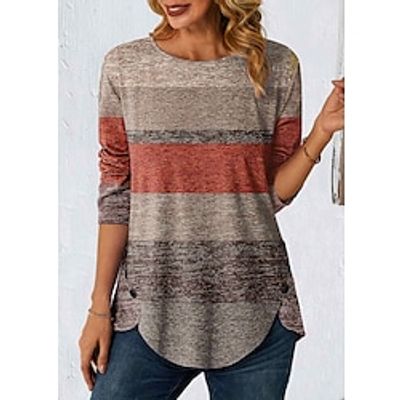 Women's T shirt Tee Color Block Red Print Button Long Sleeve Daily Weekend Fashion Round Neck Regular Fit Spring   Fall Lightinthebox