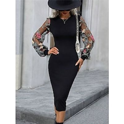Women's Black Dress Casual Dress Sheath Dress Midi Dress Mesh Patchwork Street Holiday Date Streetwear Crew Neck Long Sleeve Regular Fit Black Color S M L XL XXL Size Lightinthebox