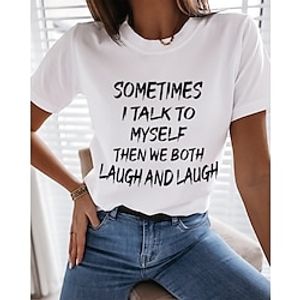 Women's T shirt Tee Funny Tee Shirt Black White Yellow Print Short Sleeve Casual Weekend Basic Round Neck Regular Cotton Sometimes I Talk To Myself Then We Both Laugh And Laugh Painting S miniinthebox