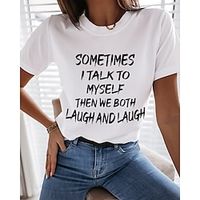 Women's T shirt Tee Funny Tee Shirt Black White Yellow Print Short Sleeve Casual Weekend Basic Round Neck Regular Cotton Sometimes I Talk To Myself Then We Both Laugh And Laugh Painting S miniinthebox - thumbnail