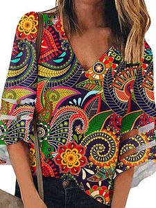 V Neck Print Bell Sleeve T-shirt