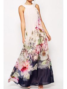 Crew Neck Backless Bohemian Maxi Dresses