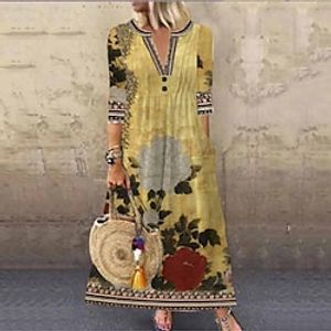 Women's Casual Dress Shift Dress Midi Dress Blue Yellow Wine Beige Black 3/4 Length Sleeve Floral Pocket Print Fall Winter V Neck Vacation Casual 2022 S M L XL XXL 3XL / Cotton miniinthebox