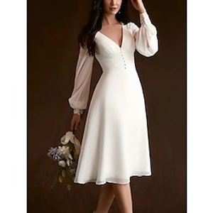 Little White Dresses Wedding Dresses A-Line V Neck Long Sleeve Knee Length Chiffon Bridal Gowns With Pleats Ruched 2023 Lightinthebox