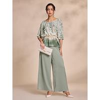 Chiffon Crewneck Magyar Sleeve Formal Shirt Satin Wide Leg Casual Maxi Culottes Two Piece Set