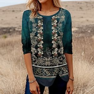 Women's T shirt Tee Floral Blue Brown Green Print Button Long Sleeve Daily Weekend Fashion Round Neck Regular Fit Spring   Fall Lightinthebox