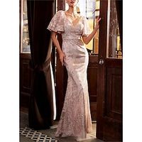 Mermaid  Trumpet Mother of the Bride Dress Formal Wedding Guest Elegant V Neck Floor Length Lace Tulle Short Sleeve with Lace Beading Embroidery 2023 Lightinthebox - thumbnail